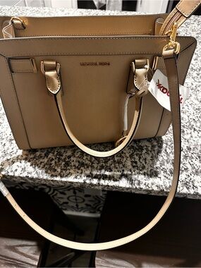 MICHAEL KORS Tan Saffiano Leather Satchel with Gold Hardware